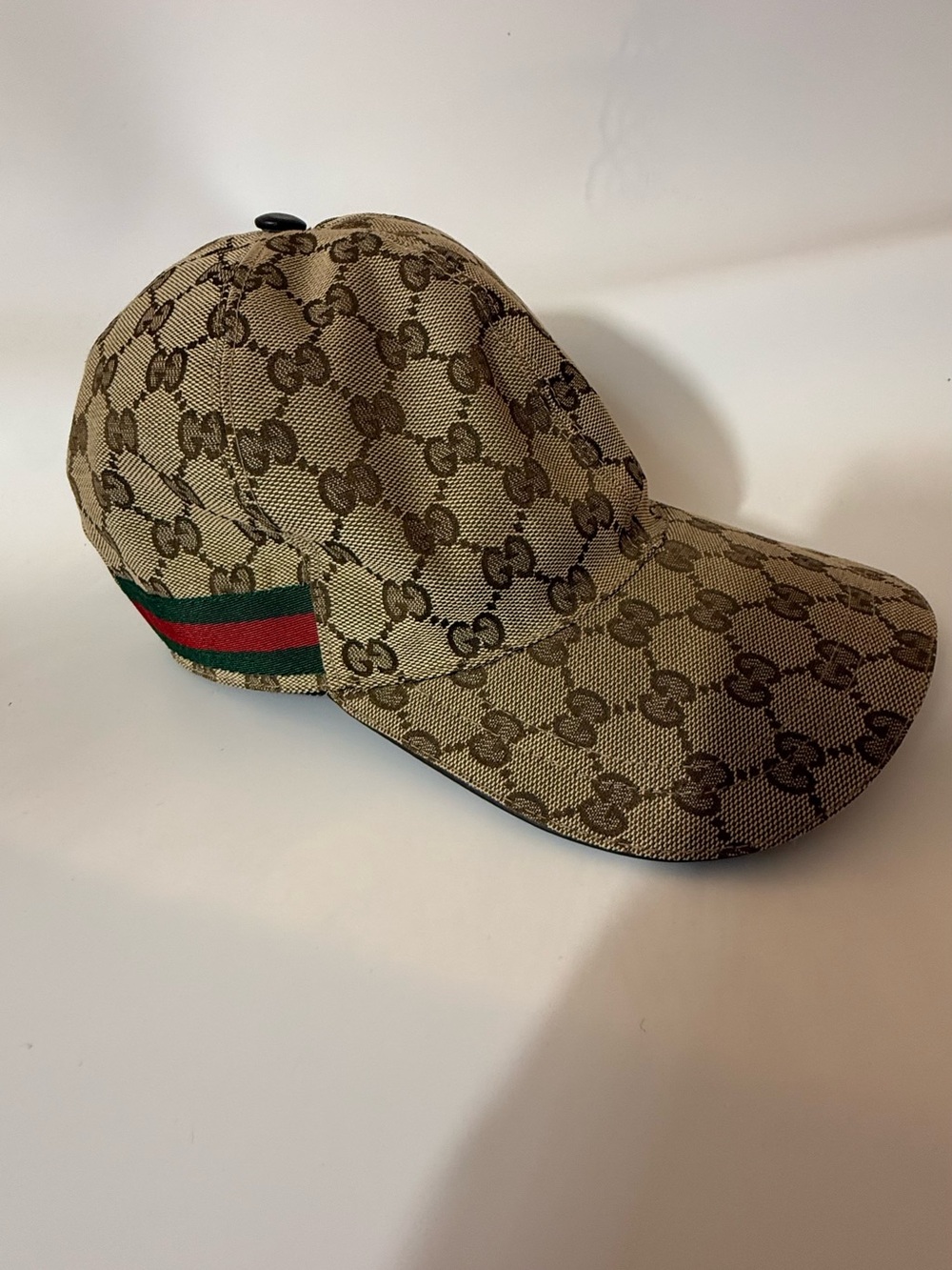 Gucci Beige GG Monogram Baseball Cap with Green and Red Stripe